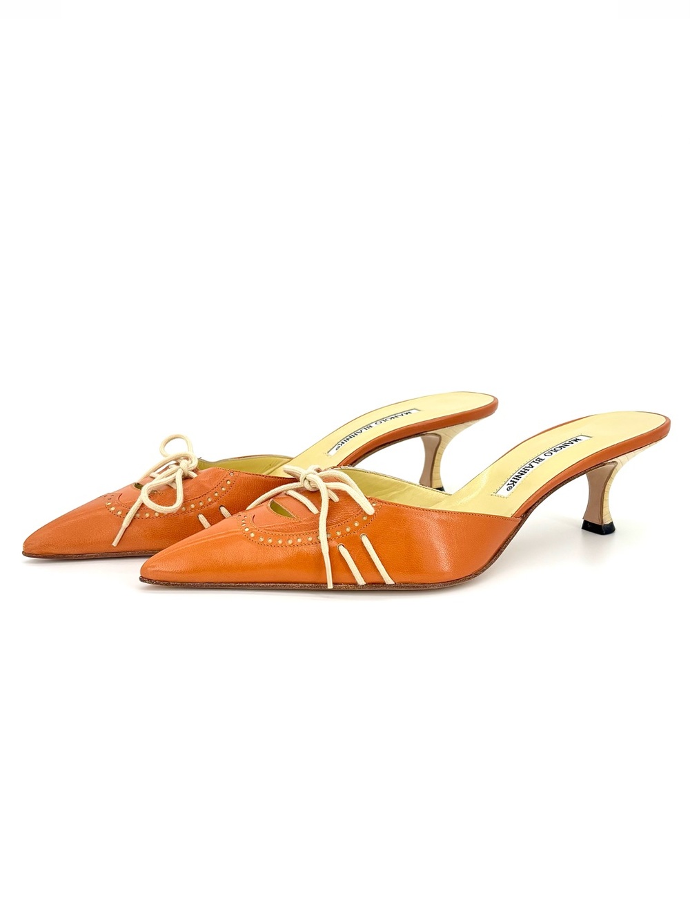 Manolo Blahnik Vintage Orange Bow Pointed Toe Slip On Kitten Heel Mules 41